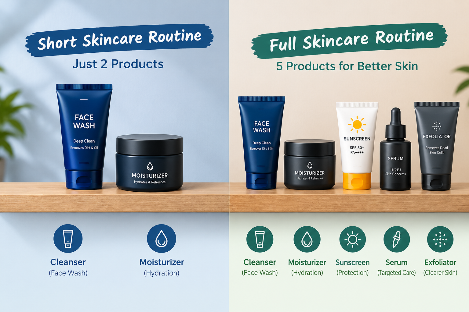 Short skincare routine compared with a full routine
